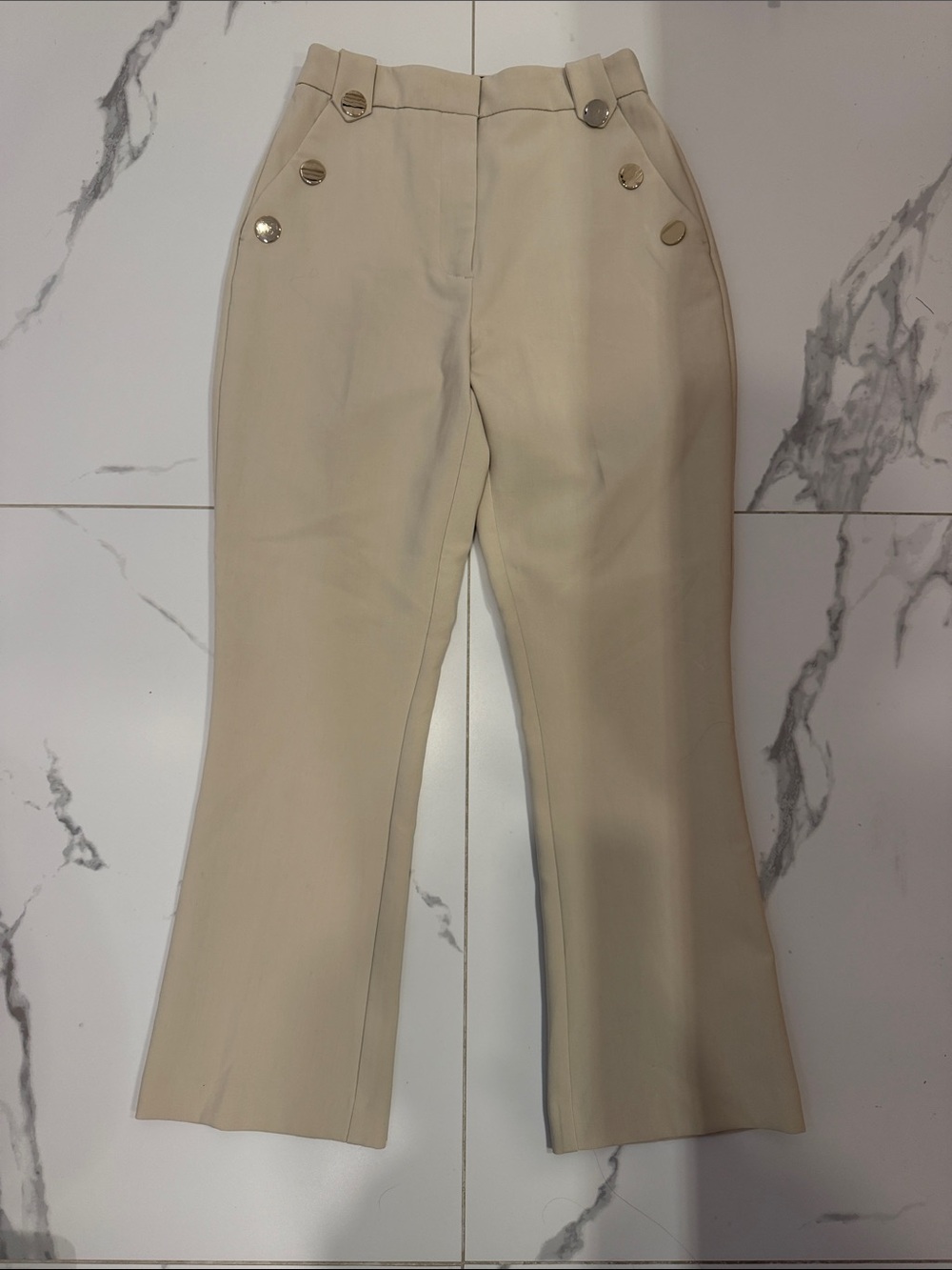 Zara Cream Boot-Cut High-Waist Pants with Gold Buttons